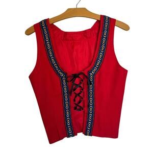 Vintage Inspired Lace Up Vest Top Sleeveless Red Geometric Tribal Trim Festival